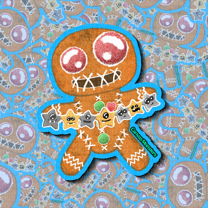 Gingerbread man-shaped cookie holding colorful star decorations on a patterned background