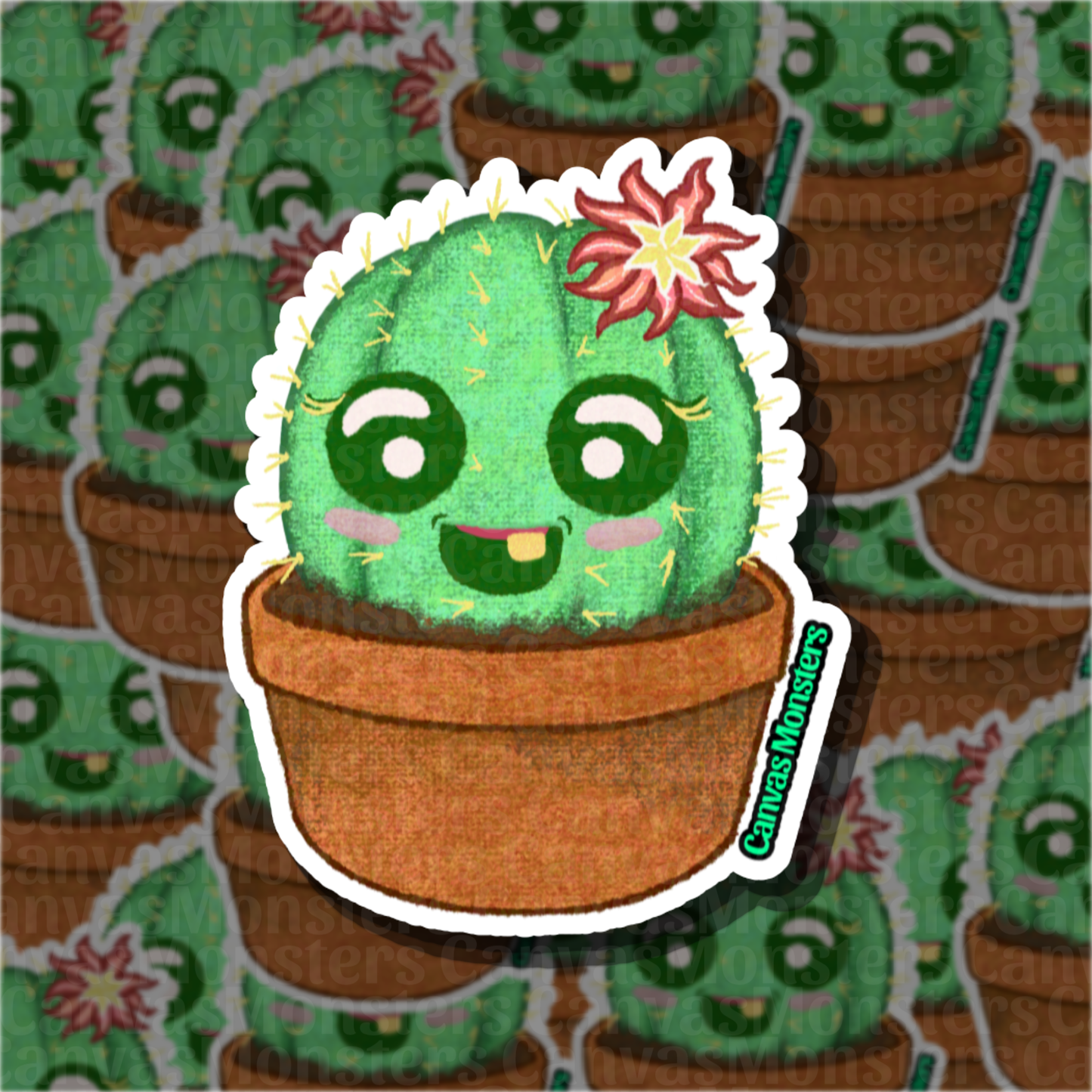 Cartoon cactus sticker with a smiling face on a patterned background