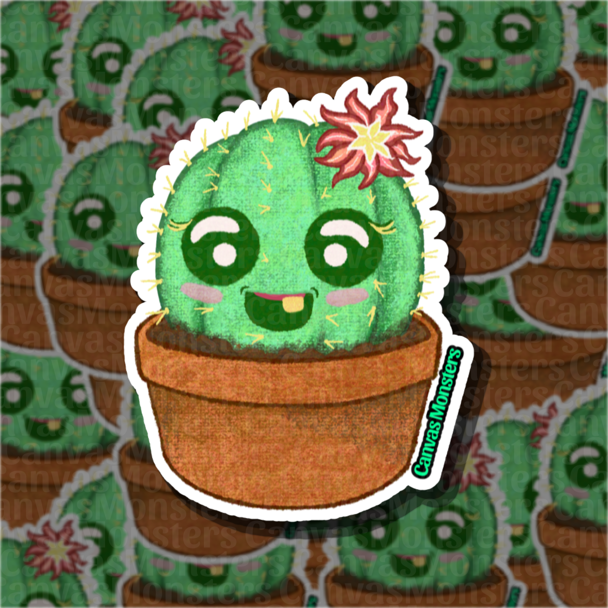 Cartoon cactus sticker with a smiling face on a patterned background