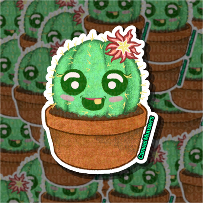 Cartoon cactus sticker with a smiling face on a patterned background