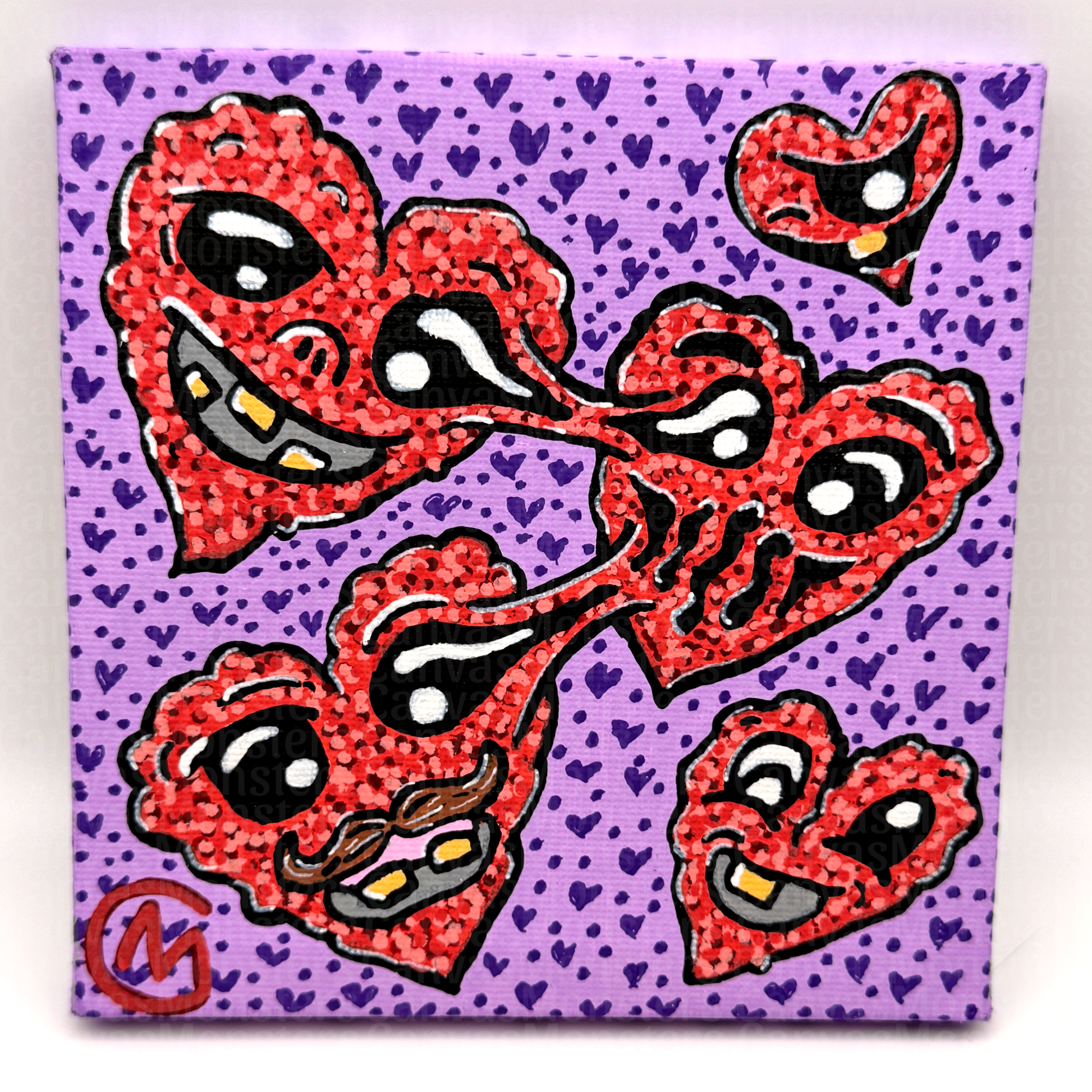 Painting of red hearts with faces melted into each other on a purple background with heart patterns