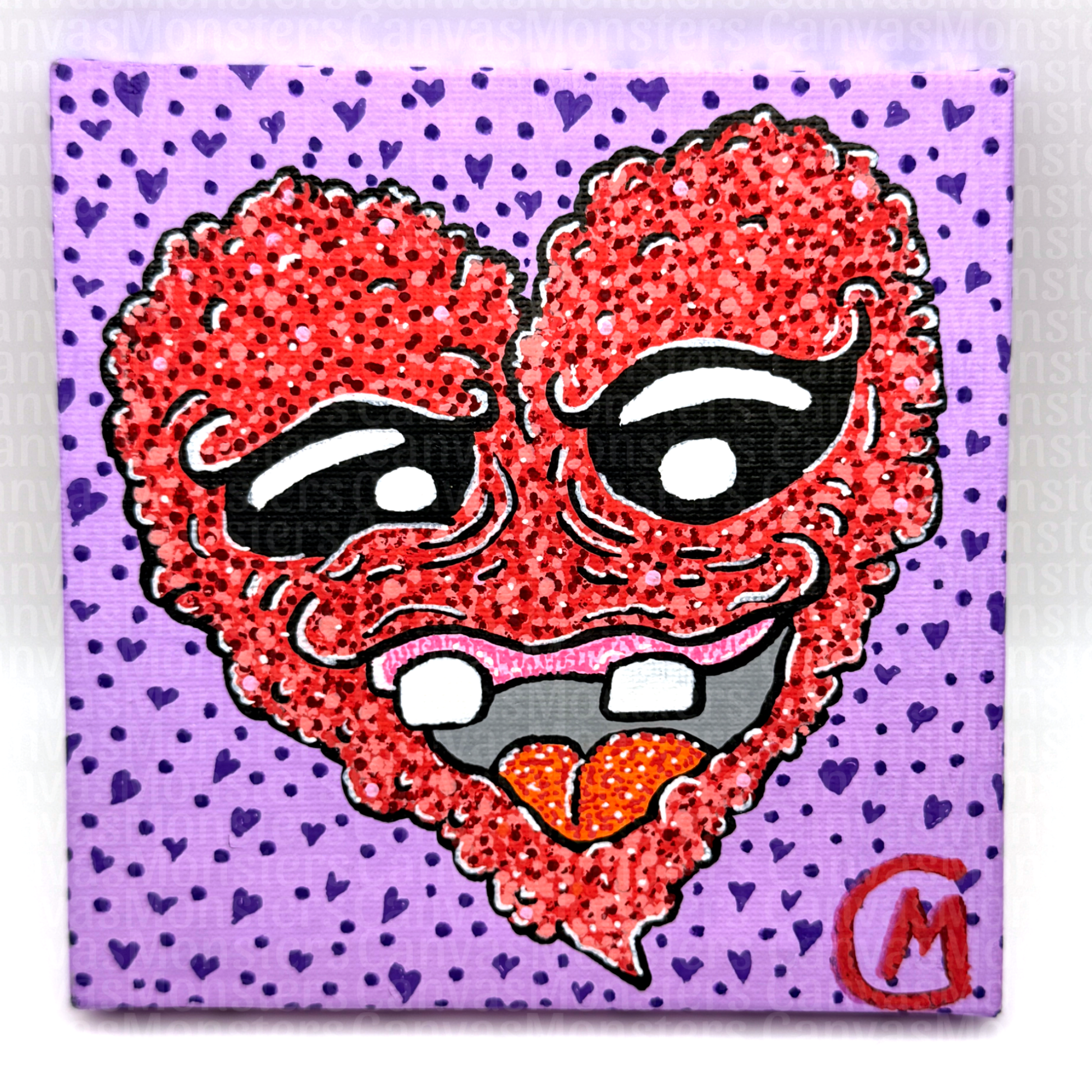 Canvas painting featuring a red heart-shaped character on a purple background with heart patterns