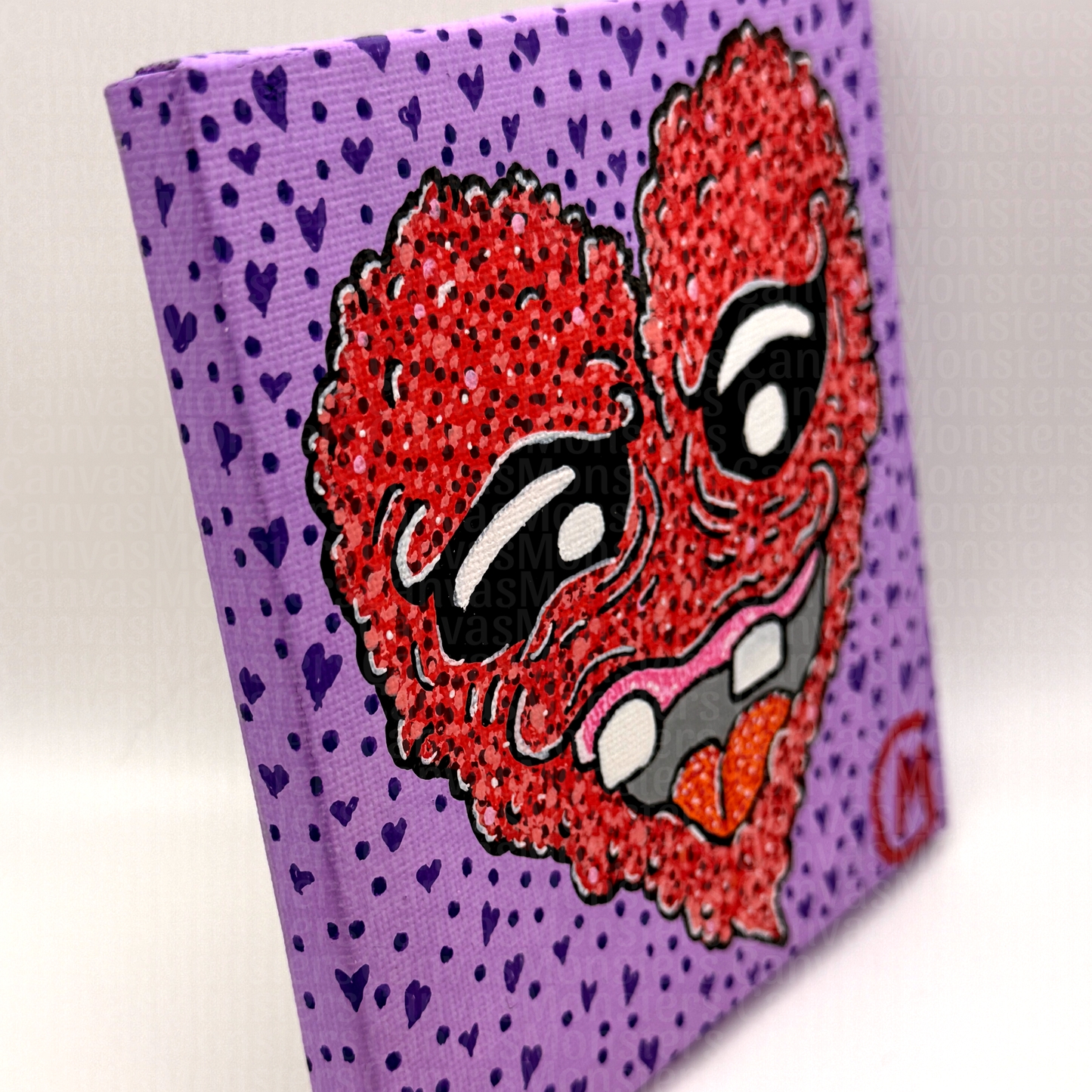 Canvas painting featuring a red heart-shaped character on a purple background with heart patterns