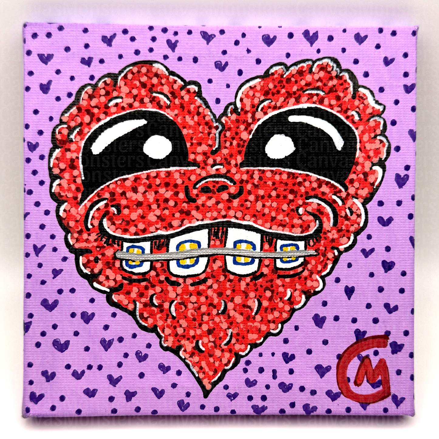 Canvas painting featuring a heart-shaped character with braces on a purple background with heart patterns