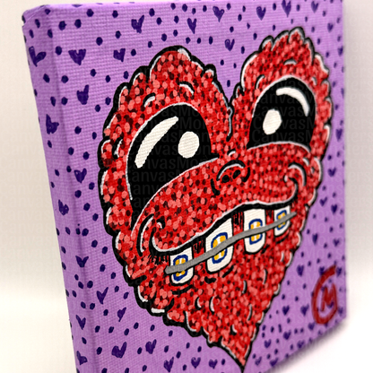Canvas painting featuring a heart-shaped character with braces on a purple background with heart patterns