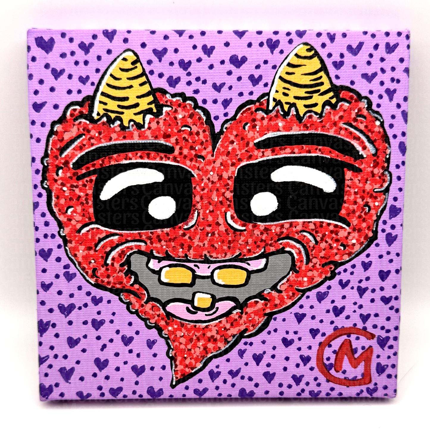 Canvas painting with a red heart-shaped character with horns on a purple background with heart patterns