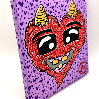 Canvas painting with a red heart-shaped character with horns on a purple background with heart patterns