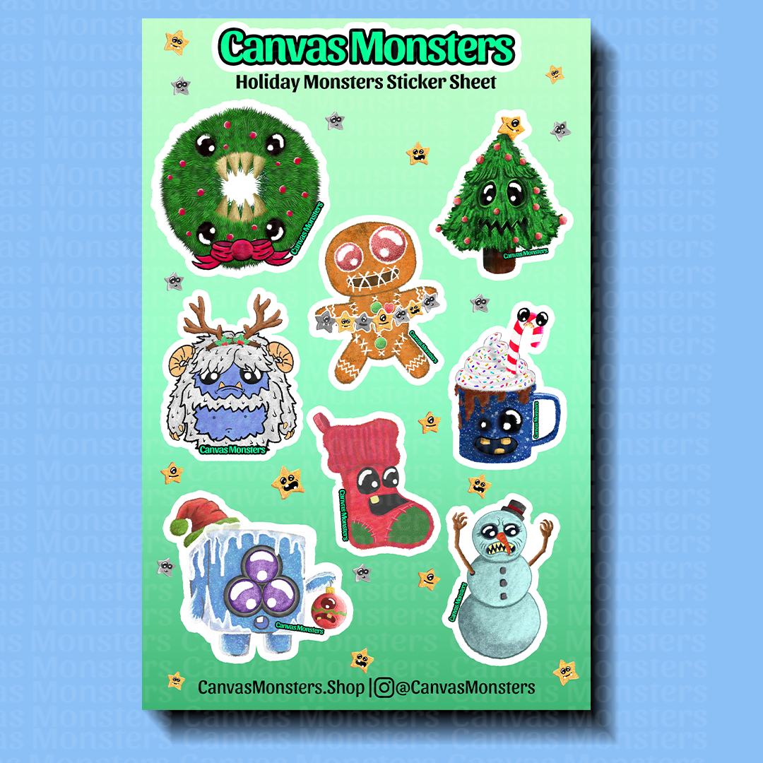 Sheet of holiday-themed monster stickers by Canvas Monsters on a green background