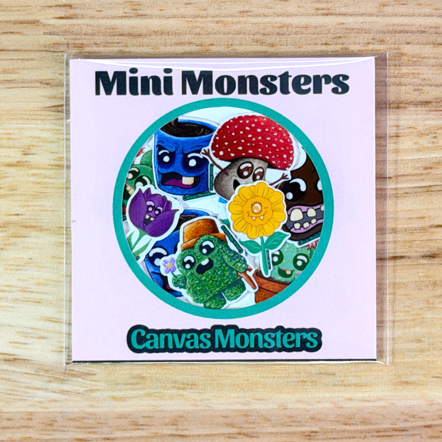 A pack of Mini Monster stickers with 'Canvas Monsters' branding