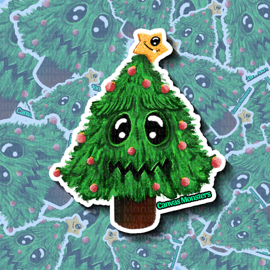 Cartoon Christmas tree sticker with a star on top, surrounded by a patterned background.