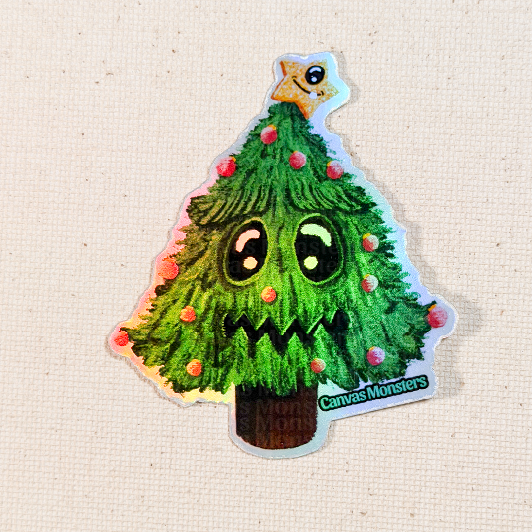 Sticker of a green Christmas tree with a face on a beige background