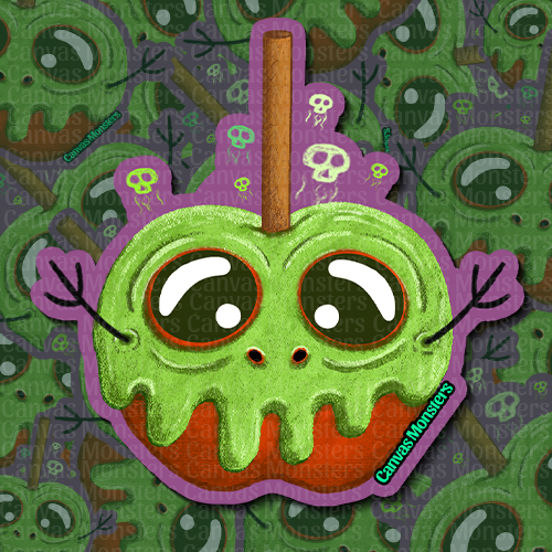 Green apple with face design on a colorful background