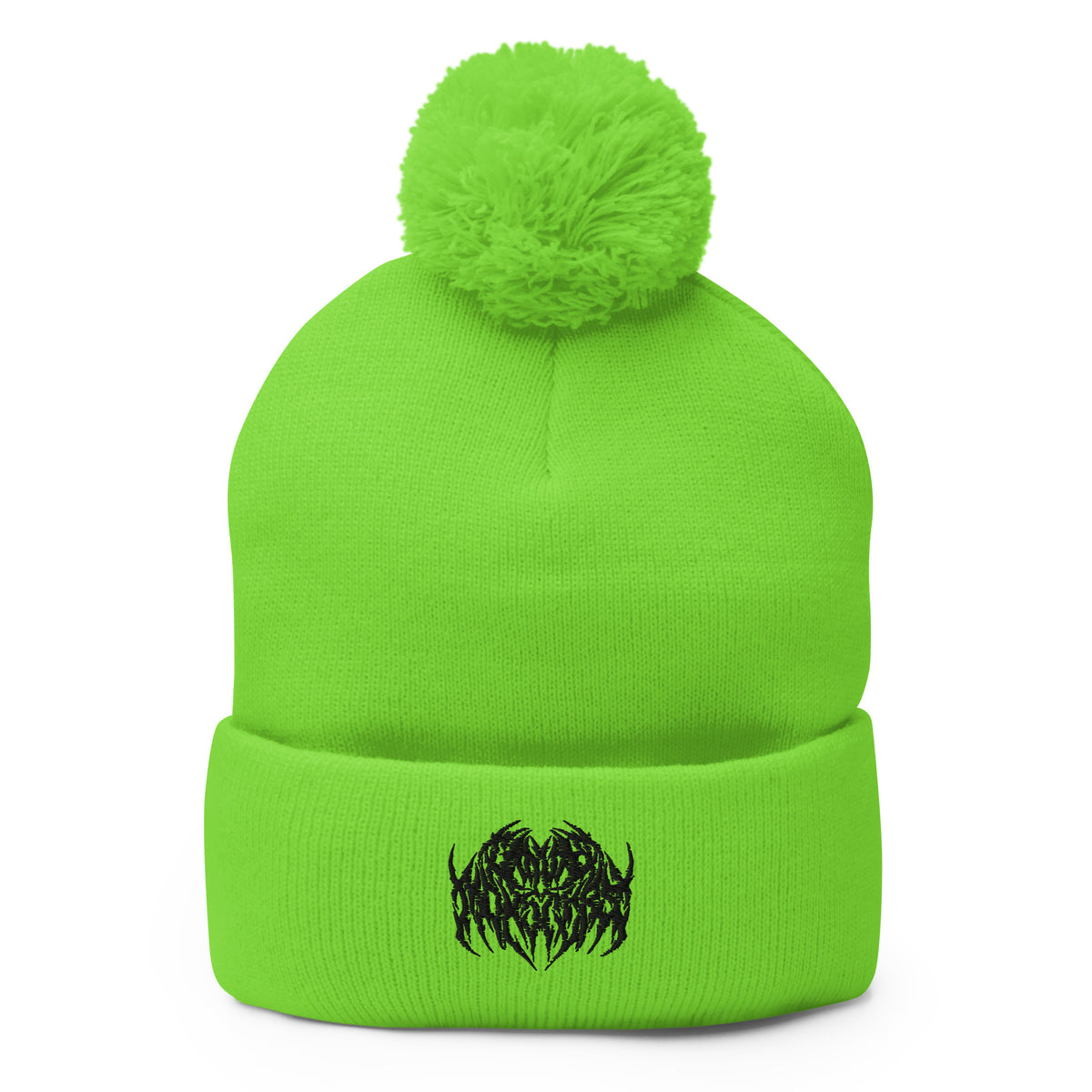 Image of a knit beanie with a pom pom on top, in bright neon green with a metal text logo on the front.