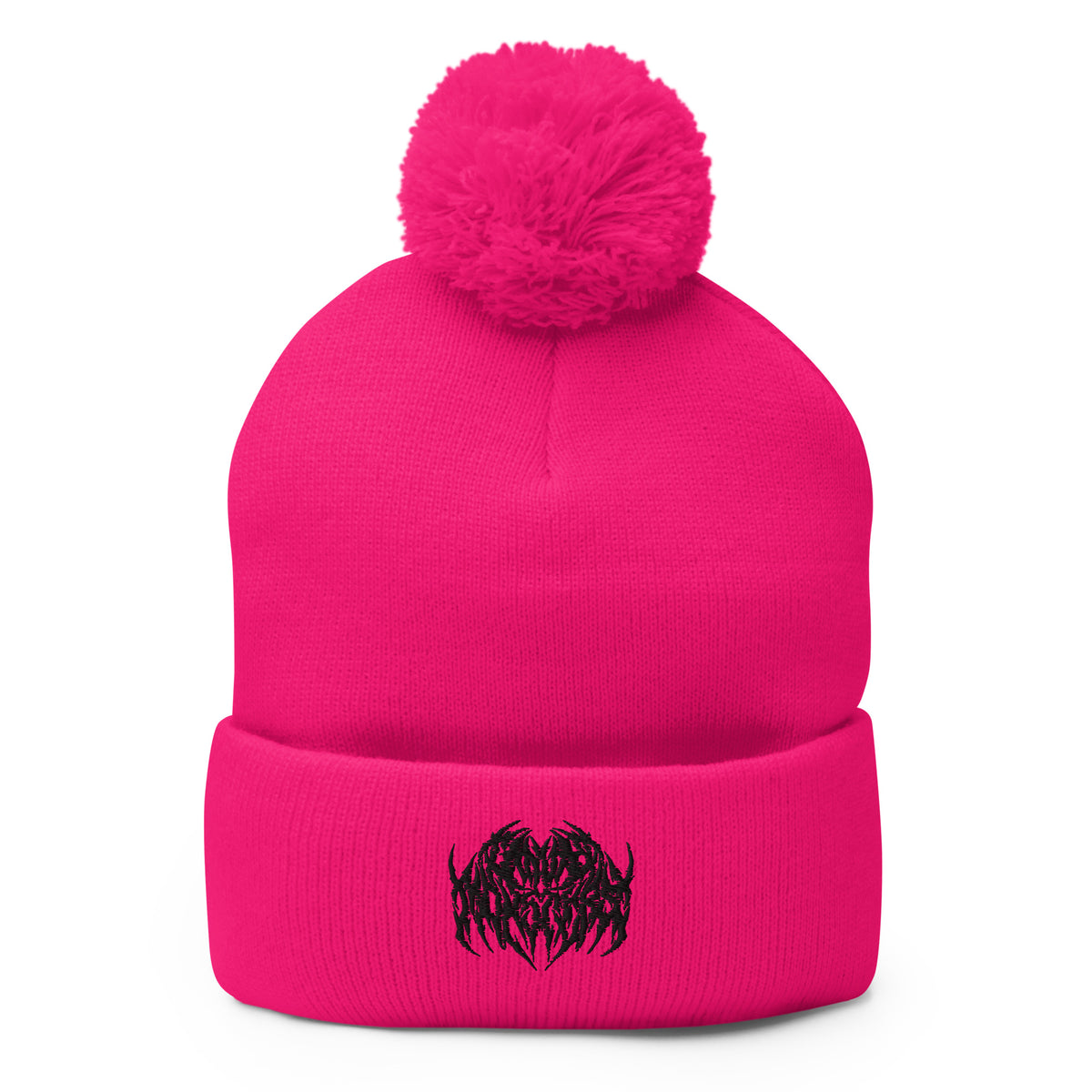 Image of a knit beanie with a pom pom on top, in solid bright pink with a metal text logo on the front.