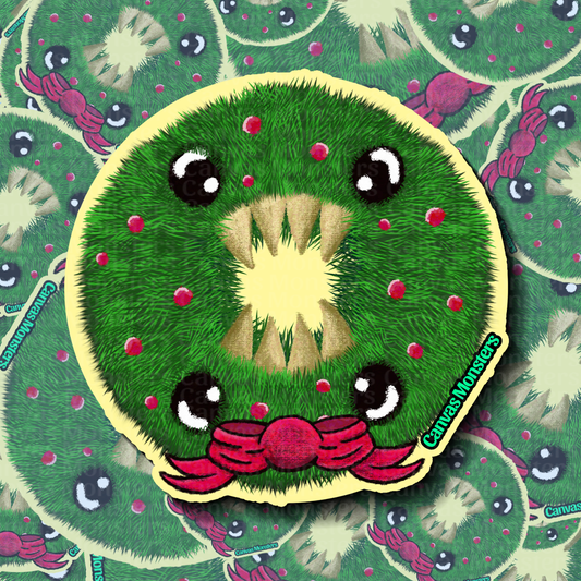 Holiday wreath character with 4 eyes and a red bow tie on a patterned background