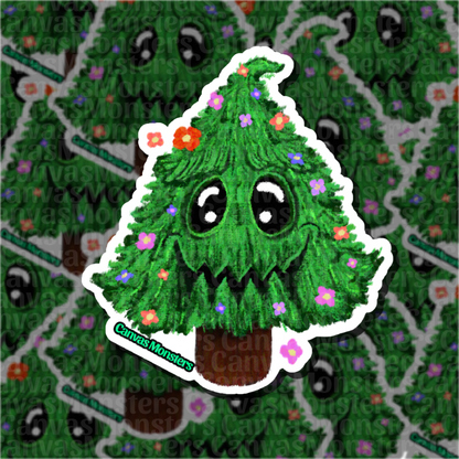 Sticker of a green tree with facial features and flowers on a patterned background