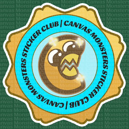 Gold badge with "Canvas Monsters Sticker Club" and the C logo in the middle on a green background.