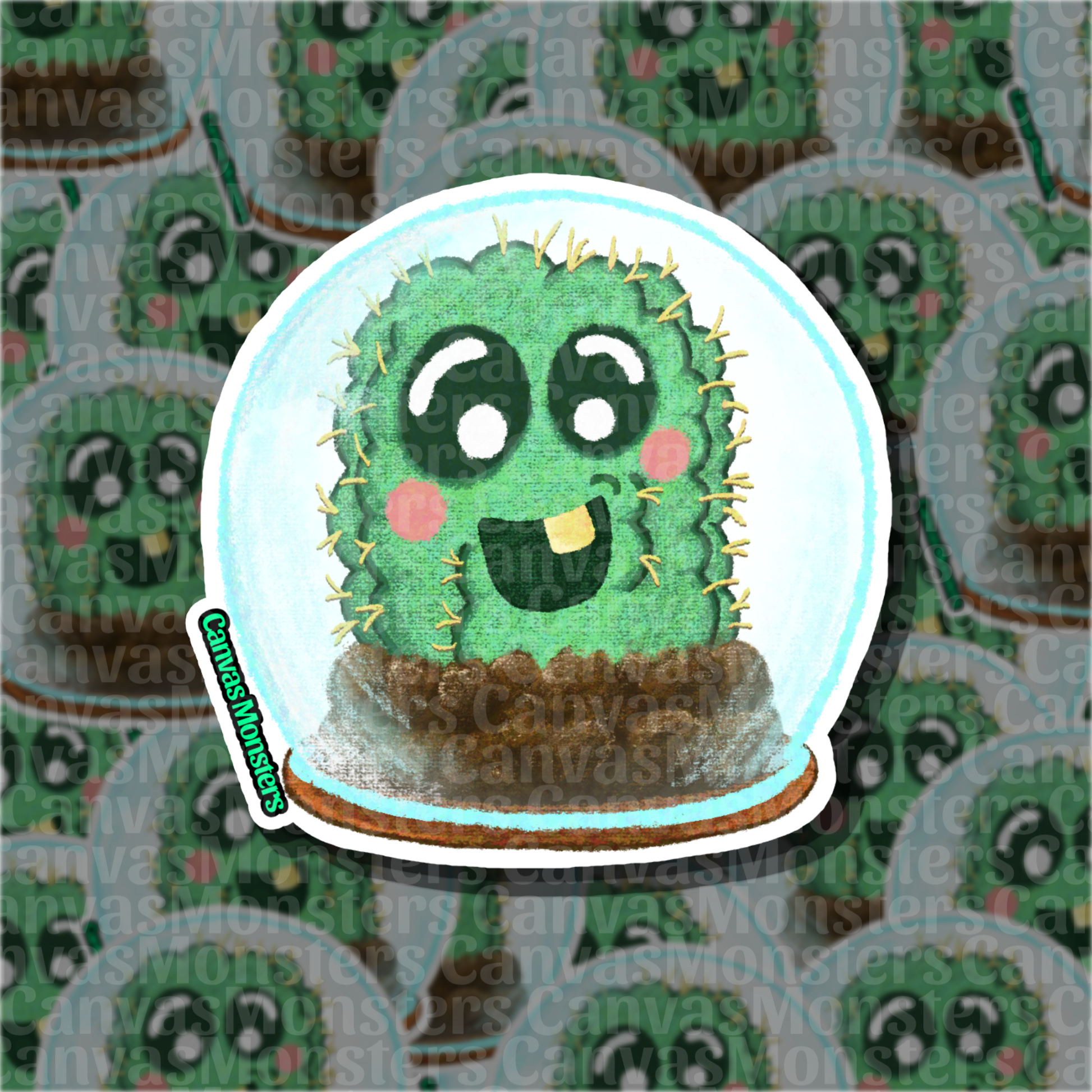 Happy cactus cartoon character in a glass bowl, with a blurry background of the same image