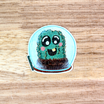 Cartoon cactus sticker with a happy expression on a wooden surface