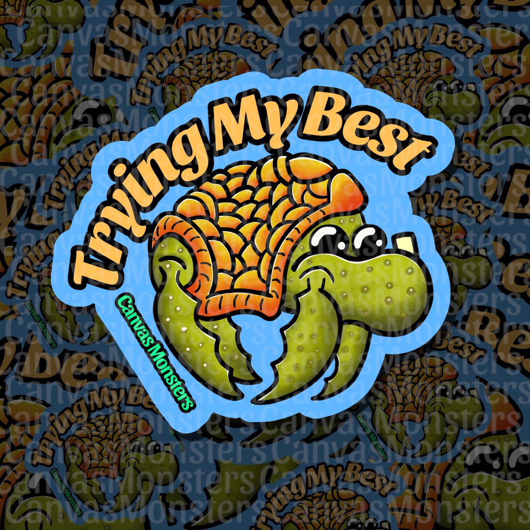 A die-cut sticker featuring a cartoon green turtle monster with a bright orange shell and the words 'Trying My Best' in yellow, shown on a patterned blue background with repeated watermark text.