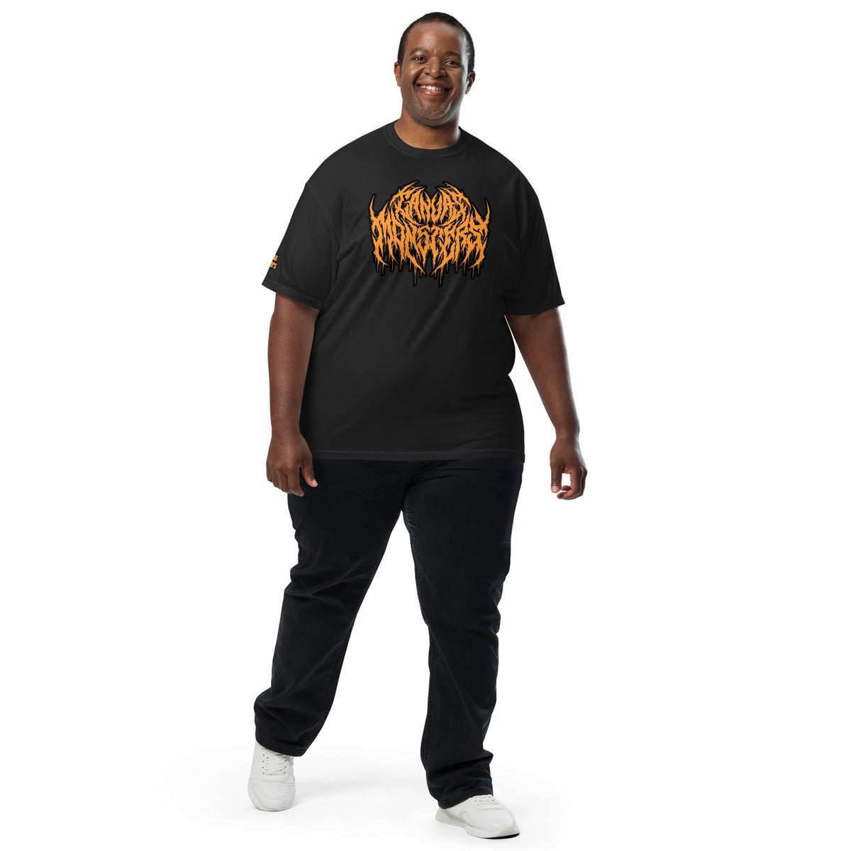 Man wearing a black t-shirt with colorful text on a white background