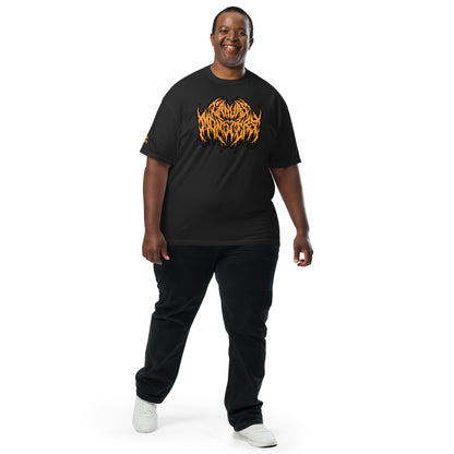 Man wearing a black t-shirt with colorful text on a white background