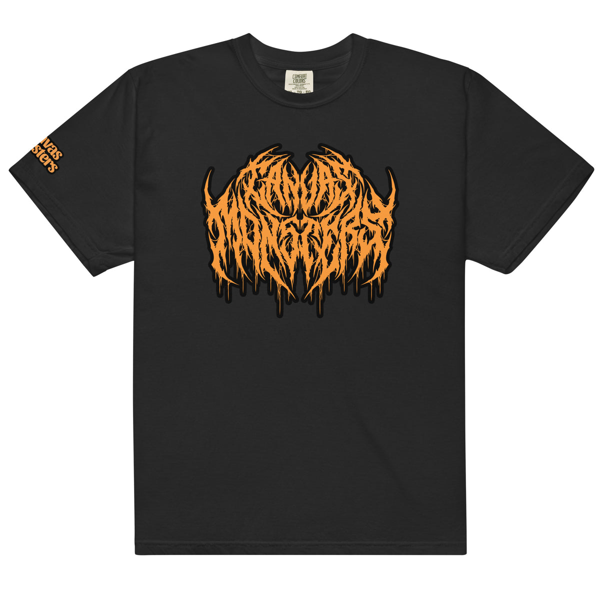 A black short-sleeve t-shirt with a large orange and black dripping metal logo graphic on the chest, and orange text on the left sleeve, shown against a plain white background.
