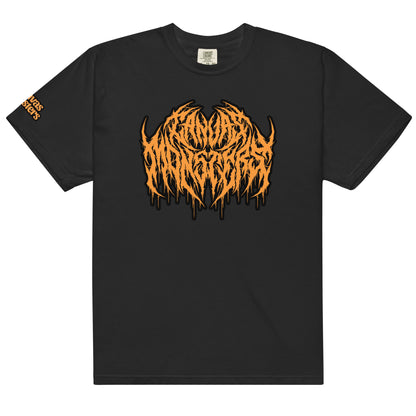 A black short-sleeve t-shirt with a large orange and black dripping metal logo graphic on the chest, and orange text on the left sleeve, shown against a plain white background.