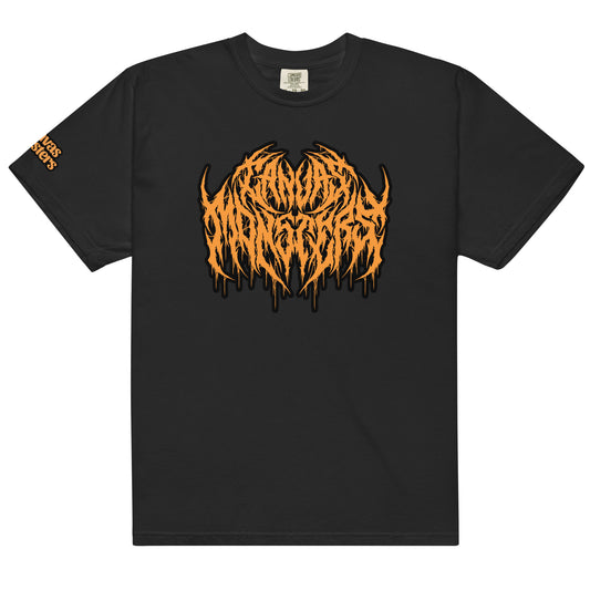 A black short-sleeve t-shirt with a large orange and black dripping metal logo graphic on the chest, and orange text on the left sleeve, shown against a plain white background.