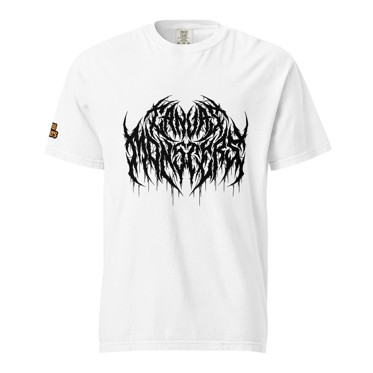 A white short-sleeve crewneck t-shirt featuring a large, black metal logo graphic on the chest that reads 'Canvas Monsters'. A small orange and black Canvas Monsters logo is printed on the right sleeve.