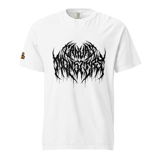 A white short-sleeve crewneck t-shirt featuring a large, black metal logo graphic on the chest that reads 'Canvas Monsters'. A small orange and black Canvas Monsters logo is printed on the right sleeve.