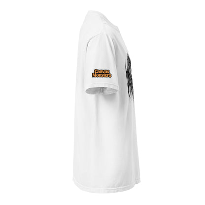 A white short-sleeve t-shirt shown from a side profile view against a plain white background. The right sleeve features a small graphic with the text 'Canvas Monsters' in orange and black, and a black graphic is partially visible on the right side of the shirt.