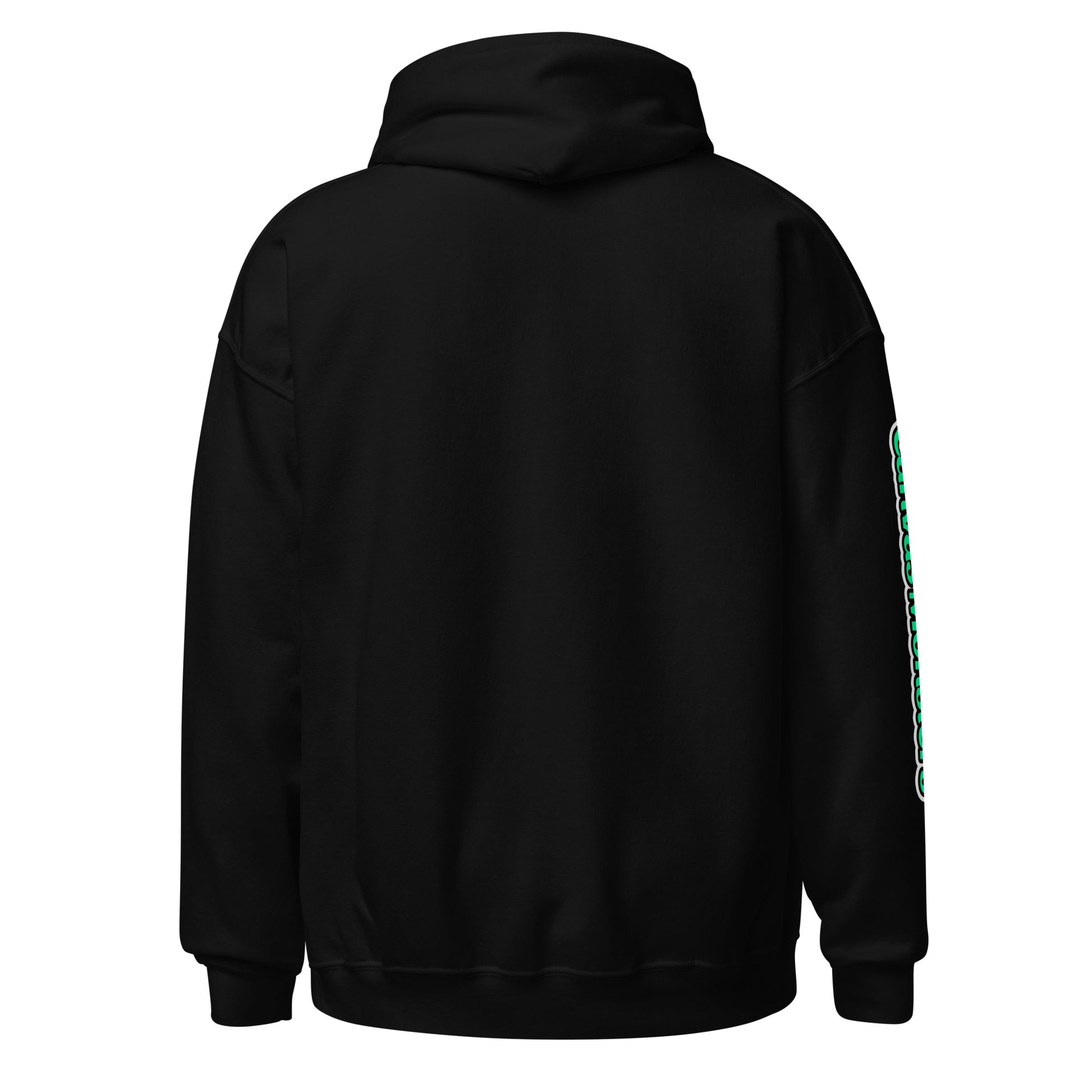 Black hoodie with green text on sleeve against a white background