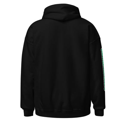 Black hoodie with green text on sleeve against a white background