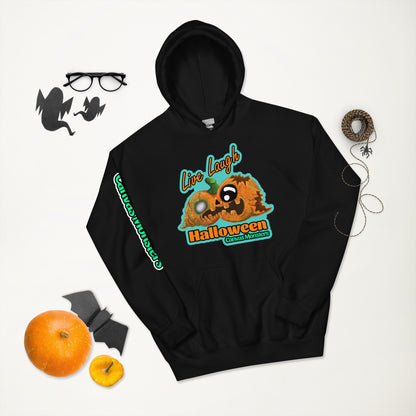 Black hoodie with Halloween-themed design on a white background