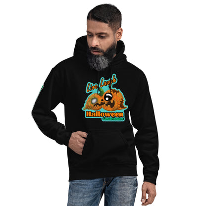 Man wearing a black hoodie with Halloween-themed design on a white background