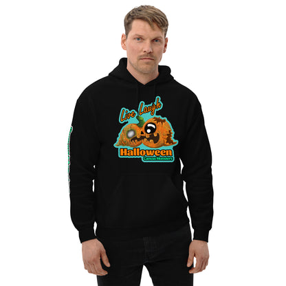 Person wearing a black hoodie with a Halloween-themed design on a white background