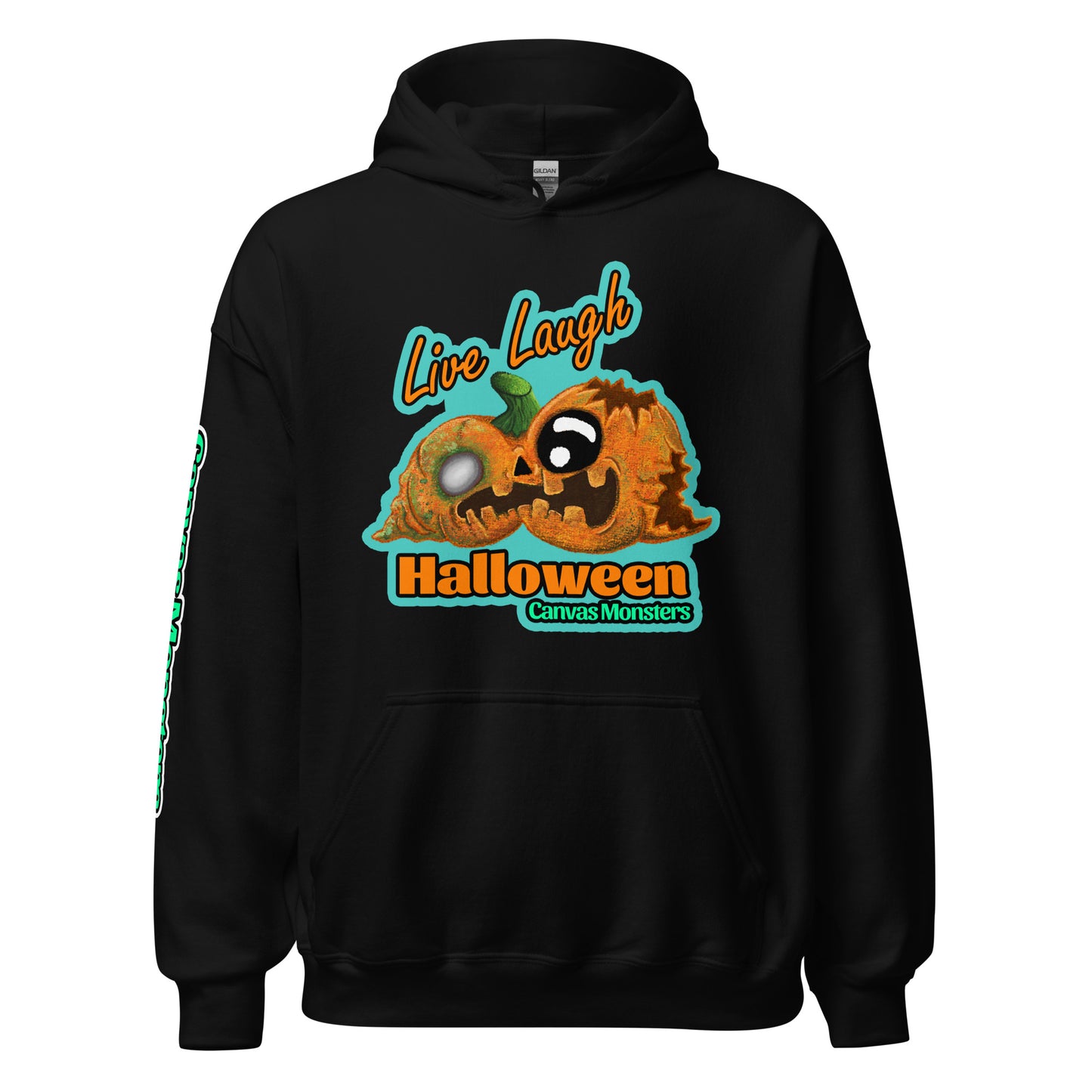 Black hoodie with Halloween-themed design featuring a pumpkin and text on a white background