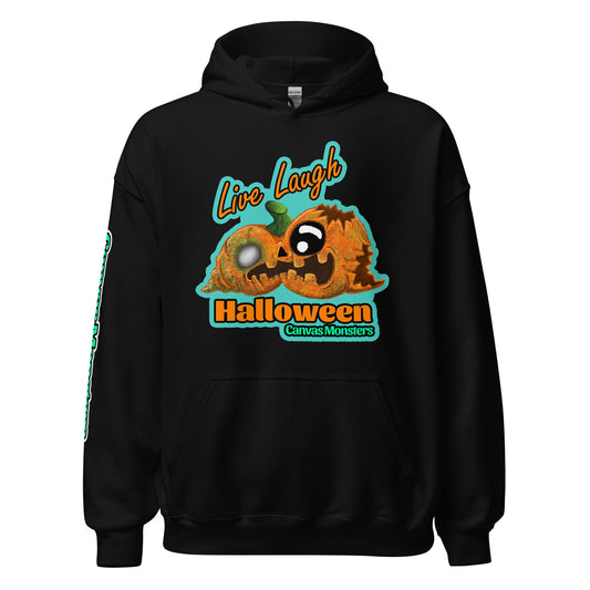 Black hoodie with Halloween-themed design featuring a pumpkin and text on a white background