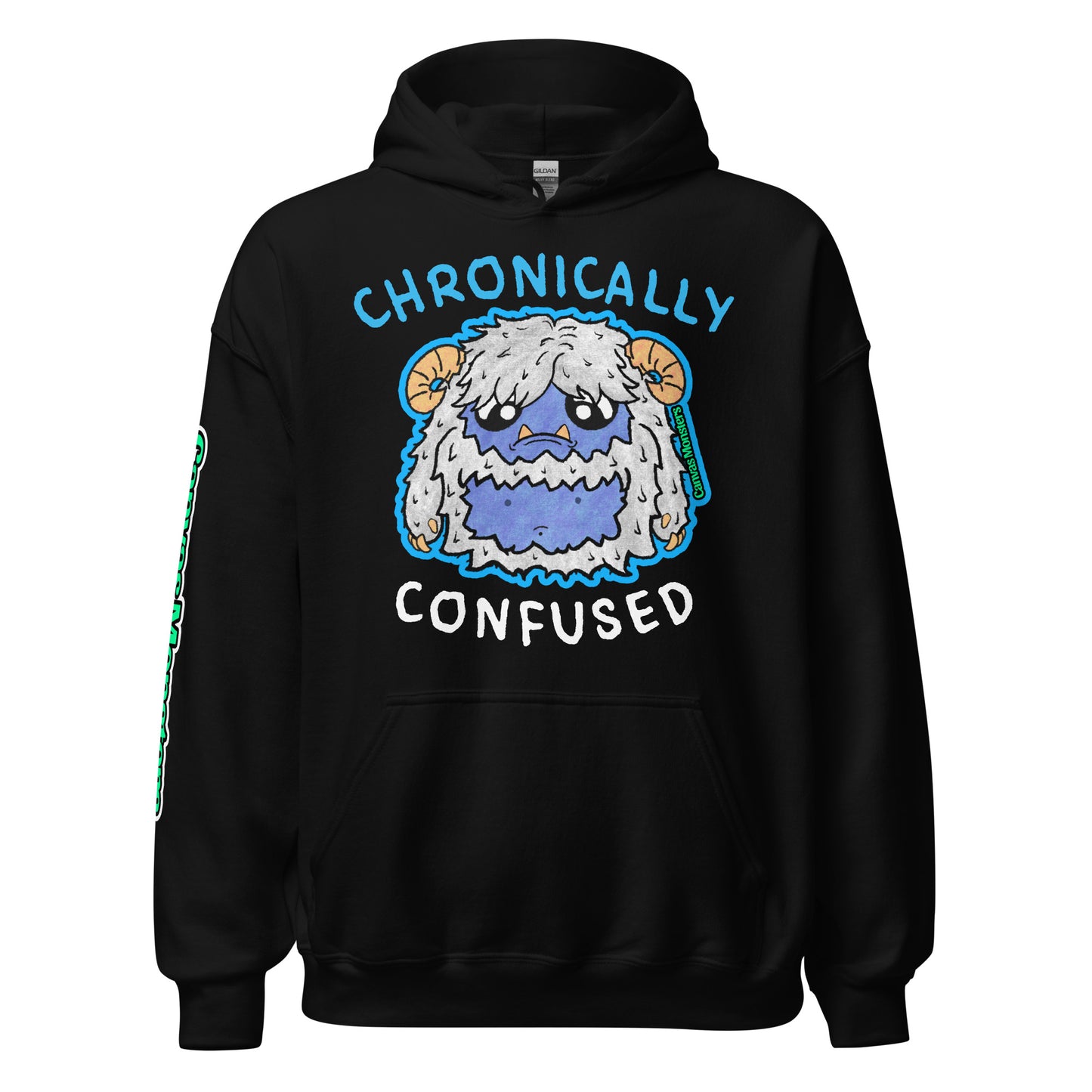 Black hoodie with a cartoon character and text 'Chronically Confused' on a white background