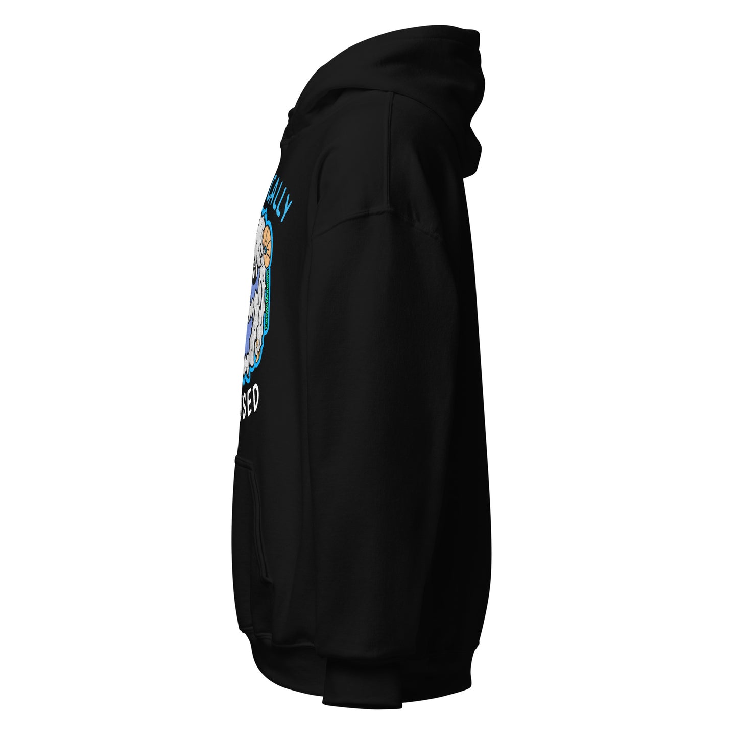 Black hoodie with a colorful graphic on the sleeve against a white background