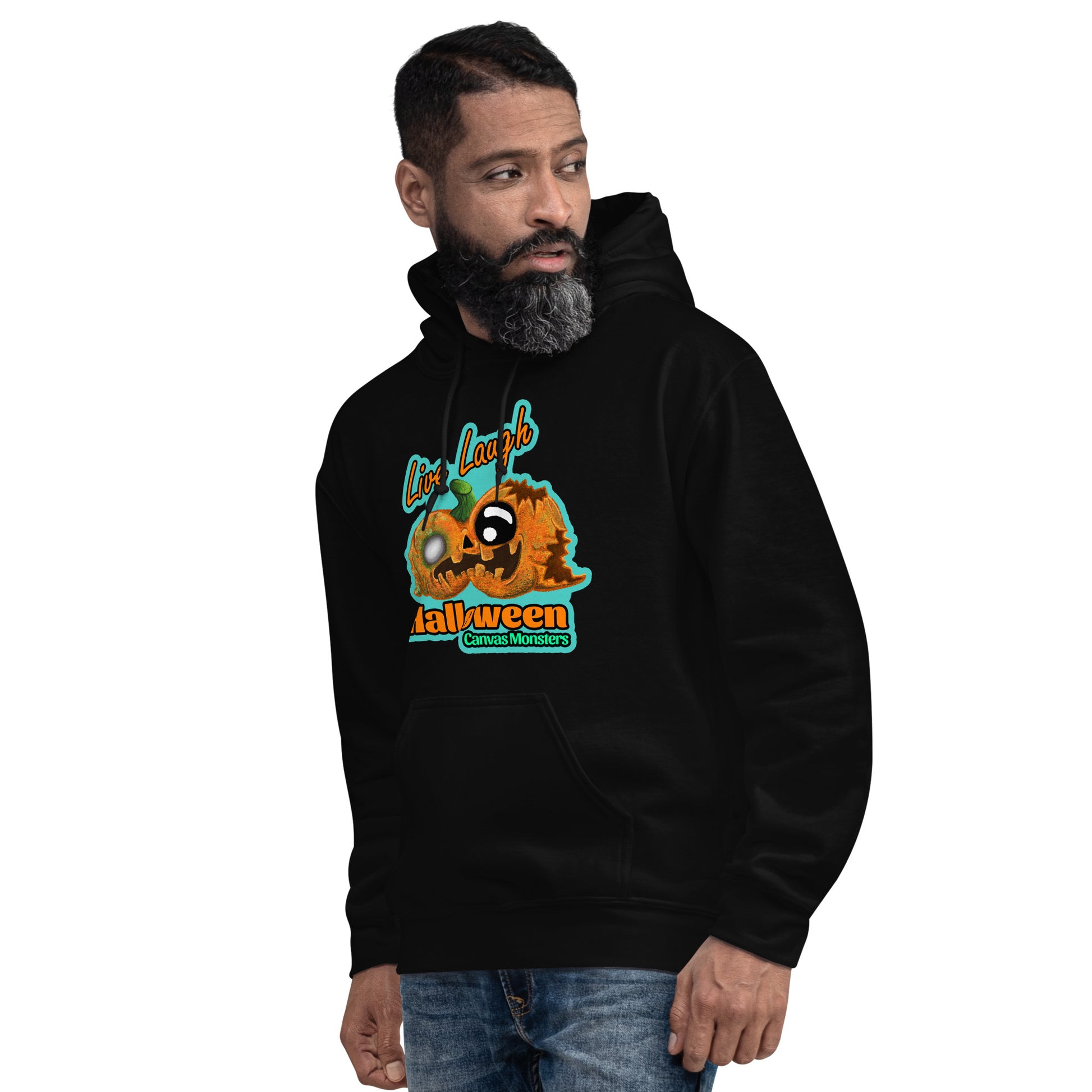 Man wearing a black hoodie with a colorful graphic design on a white background