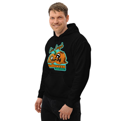Man wearing a black hoodie with a Halloween-themed graphic design on a white background