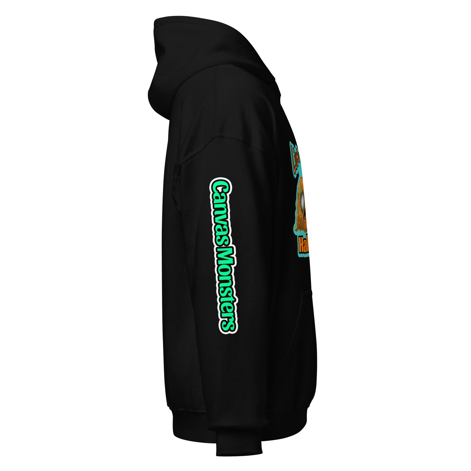 Black hoodie with 'Chicas Monsters' text on a white background