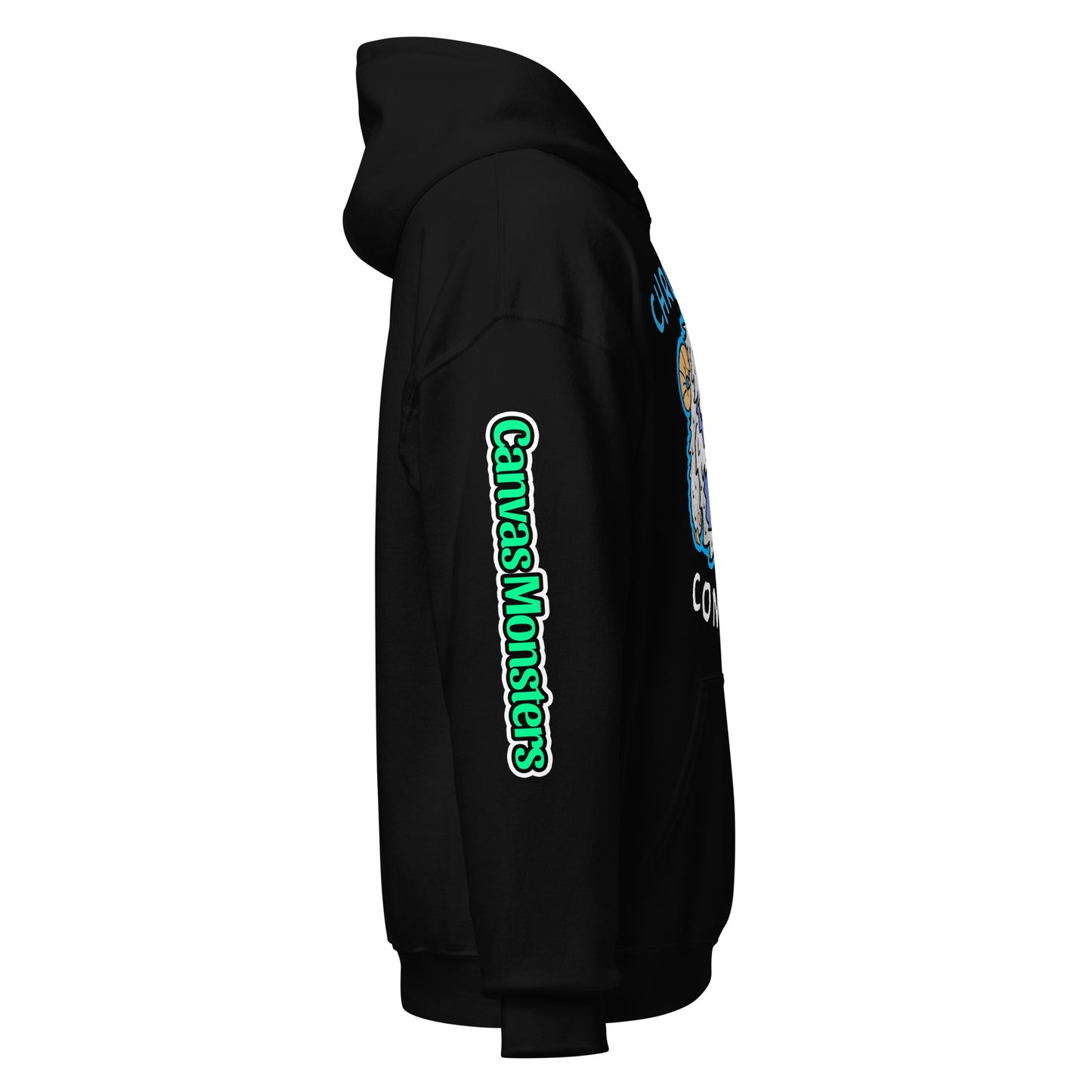 Black hoodie with 'Canvas Monsters' logo on the sleeve against a white background