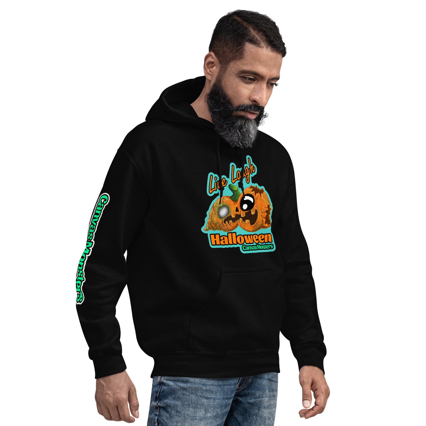 Man wearing a black hoodie with a Halloween-themed graphic design on a white background