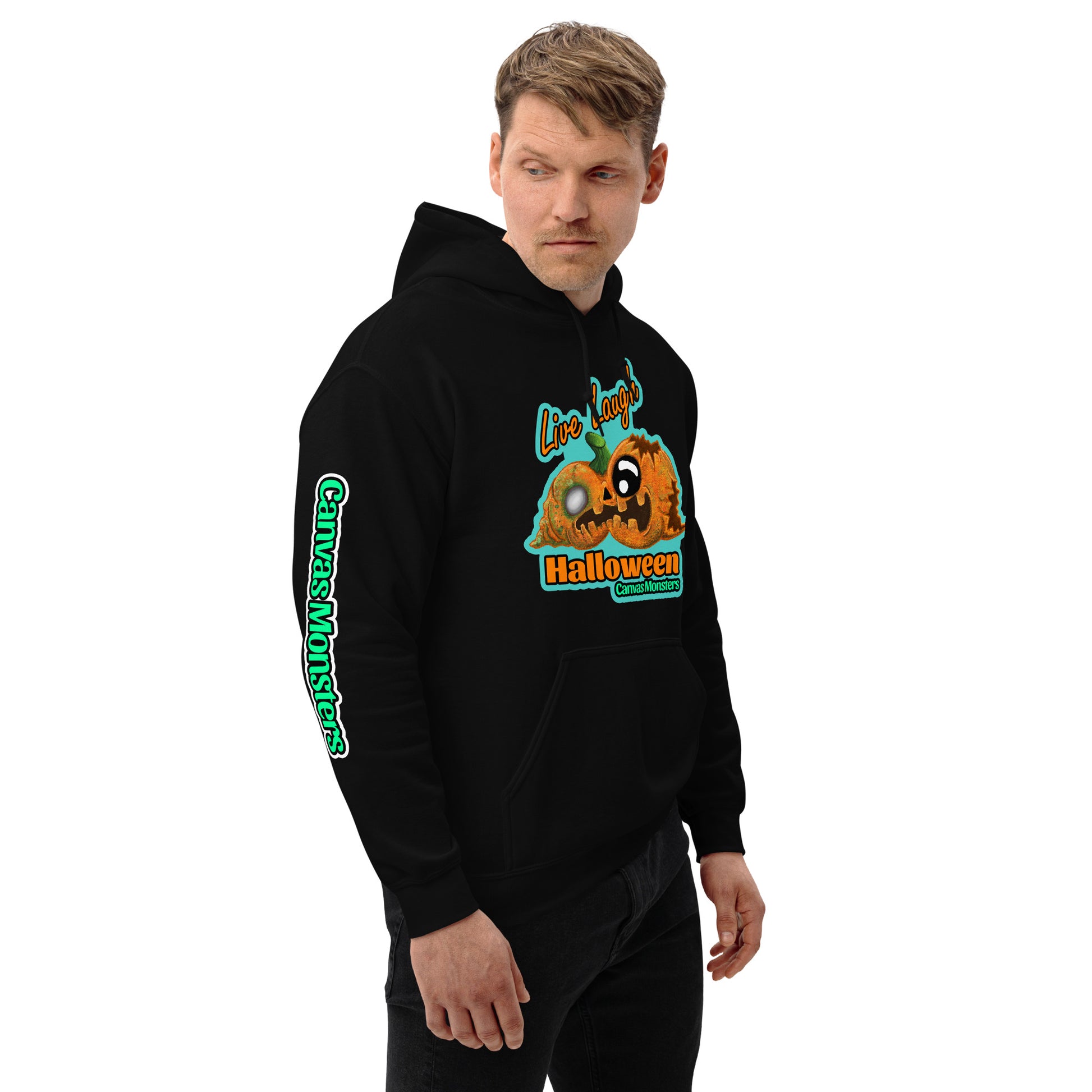 Person wearing a black hoodie with Halloween-themed design on a white background