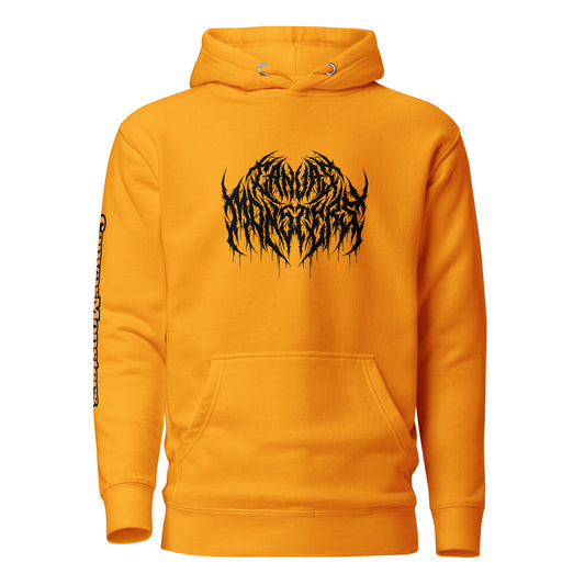 A bright orange pullover hoodie with a black metal text graphic on the chest and vertical black text on the right sleeve, shown against a plain white background.