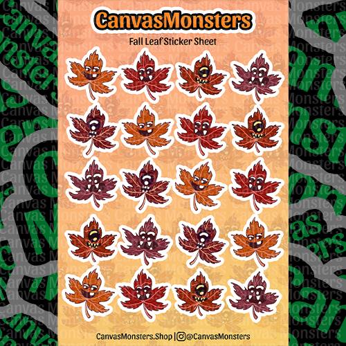 Sheet of fall leaf stickers with monster faces on a beige background, branded 'CanvasMonsters'.