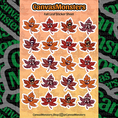 Sheet of fall leaf stickers with monster faces on a beige background, branded 'CanvasMonsters'.